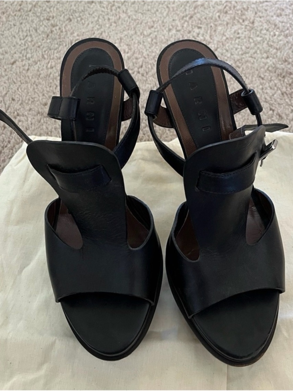Marni Black Leather and Wood Open-Toe Heeled Sandals